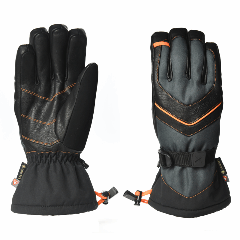 Zenith-Back-and-Palm-1500x1500-1-1.png Pair of insulated black and grey winter gloves shown side by side — left glove palm facing forward with black leather palm and orange topstitching, right glove back facing forward with grey fabric back, orange accent stripes, adjustable wrist strap and orange drawcords