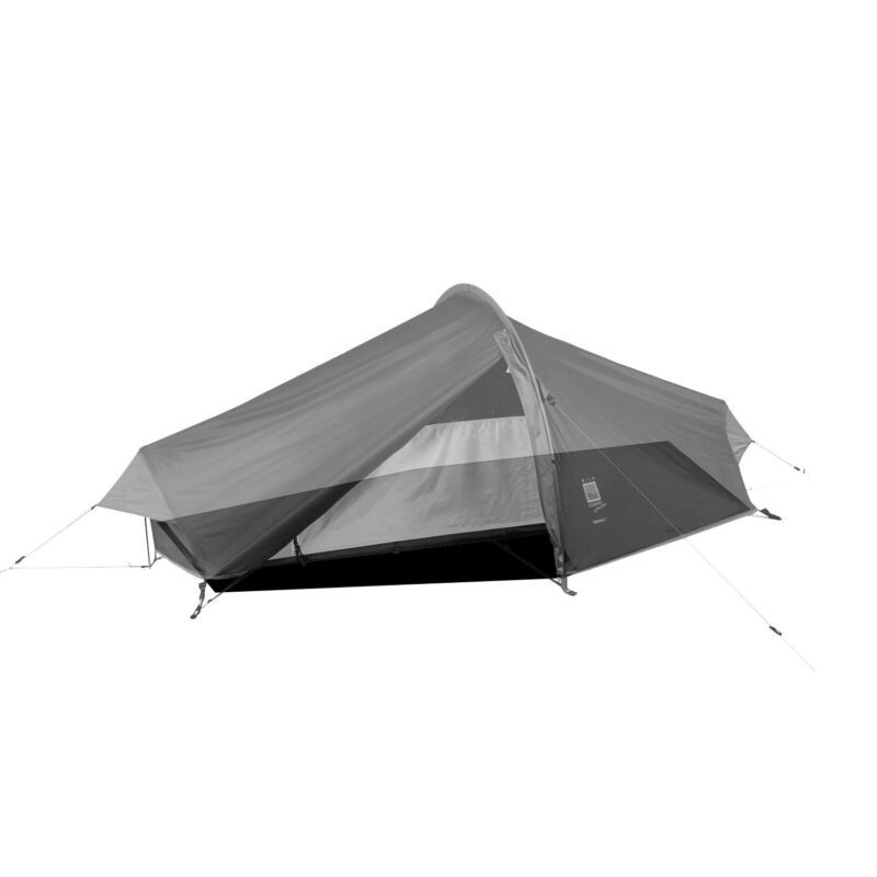 Low-profile single-person backpacking tent with a partially opened rainfly revealing the inner mesh sleeping area and black sewn-in groundsheet, staked out and held taut by guylines.
