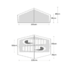 Zephyros-Compact-2-UPDATE-1.png Technical diagram showing two views of a pitched two‑compartment shelter: front elevation with a central peak and overall width 225cm, side wall height 39cm and peak height 85cm; top‑down view showing two sleeping pads laid end‑to‑end inside the 225cm footprint with side clearances of about 100cm and 120cm and a 30cm gap at one end.