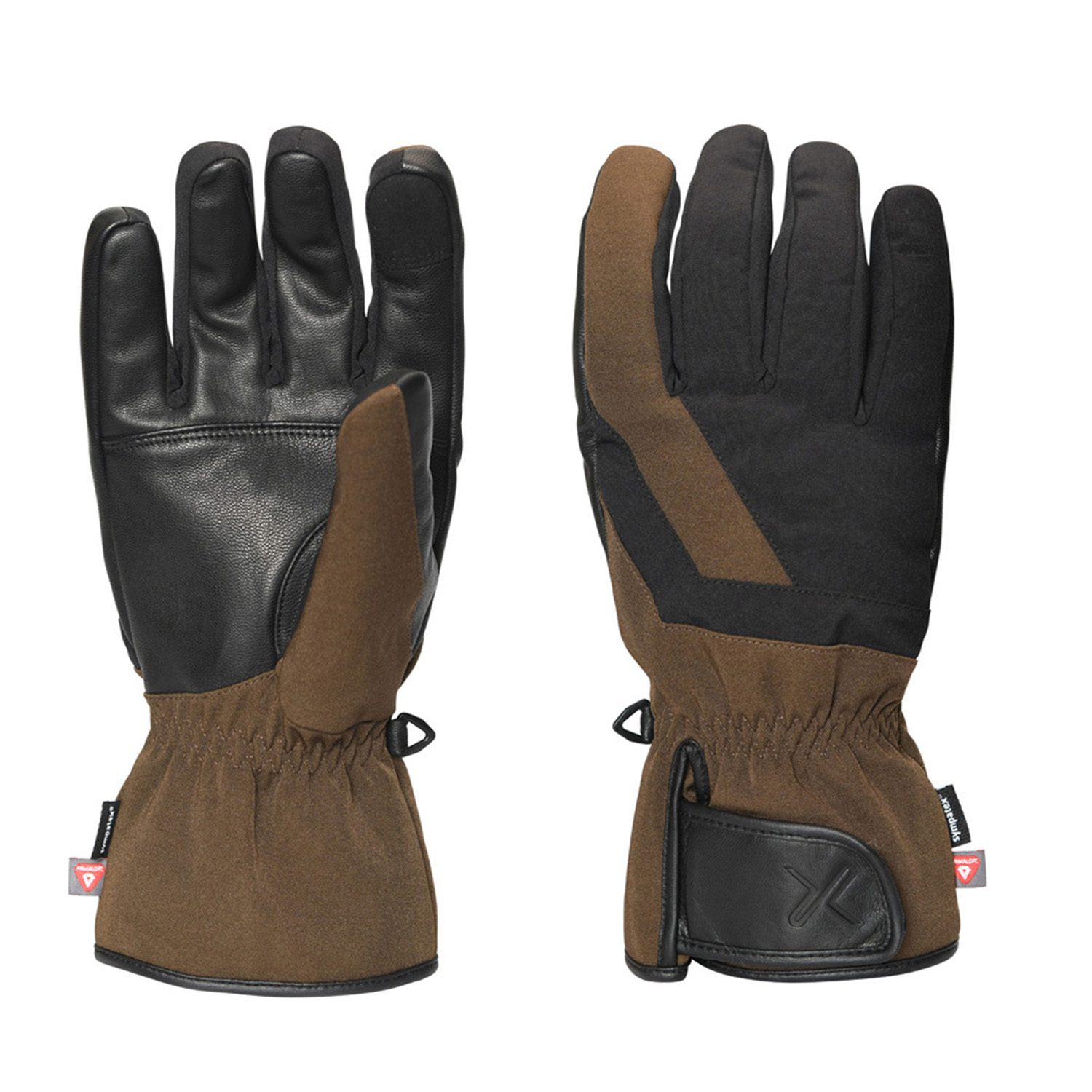 Zermatt-Glove-Back-and-Palm_1500px_72dpi-3.jpg Pair of brown and black winter gloves, left showing smooth black leather palm and fingers, right showing brown-and-black fabric back with angular contrast panels, elasticated gauntlet cuffs and a Velcro wrist strap.
