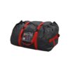 Zonda-4EP-tent-bag-cutout-1500x1500-1-1.jpg Large black duffel-style gear bag made of crinkled waterproof material with bold red straps and buckles and a clear front label pocket, shown on a white background.