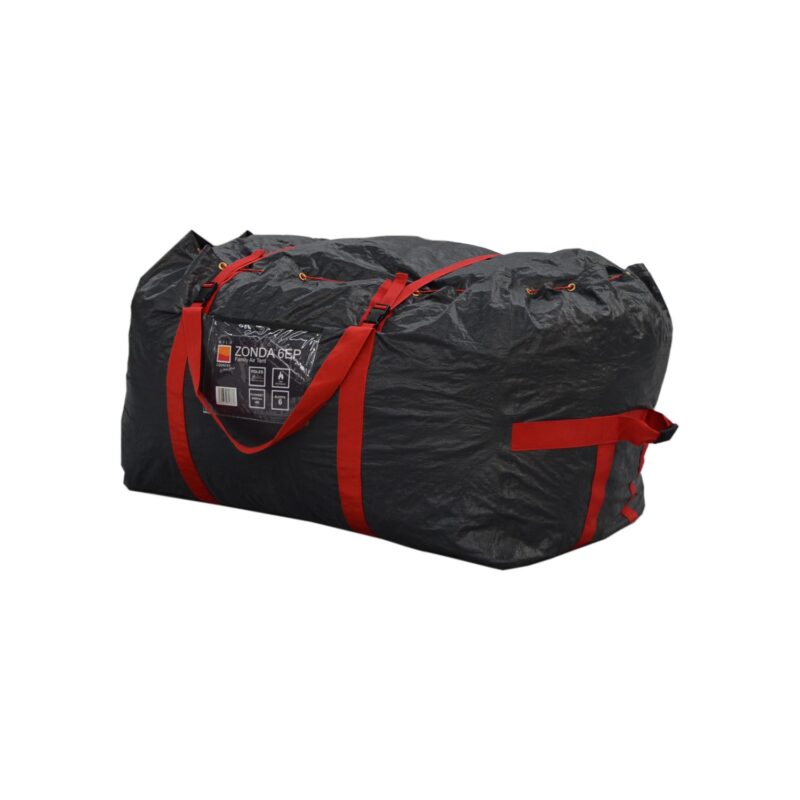 Large black tarpaulin-style duffel bag with bright red carrying straps, side handles, buckle fastenings and a clear label reading ZONDA 6EP
