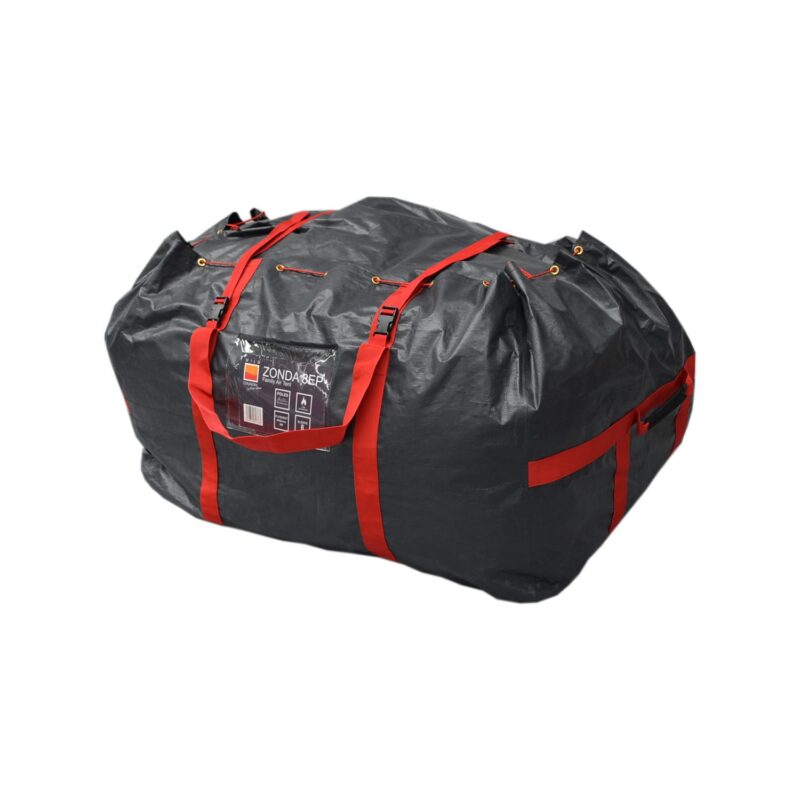 Large black heavy-duty storage bag with bright red carrying straps and buckles, grommeted drawstring closure and a clear label pocket on the front.