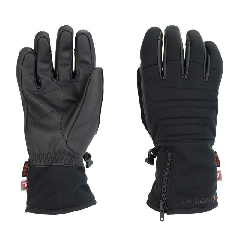 Zorin-Glove-Palm-and-Back_1500px_300dpi-1.jpg Pair of black insulated winter gloves laid flat, left glove showing a textured leather-like palm and elasticated wrist, right glove showing padded back-of-hand panels, a cuff zipper and small brand tags