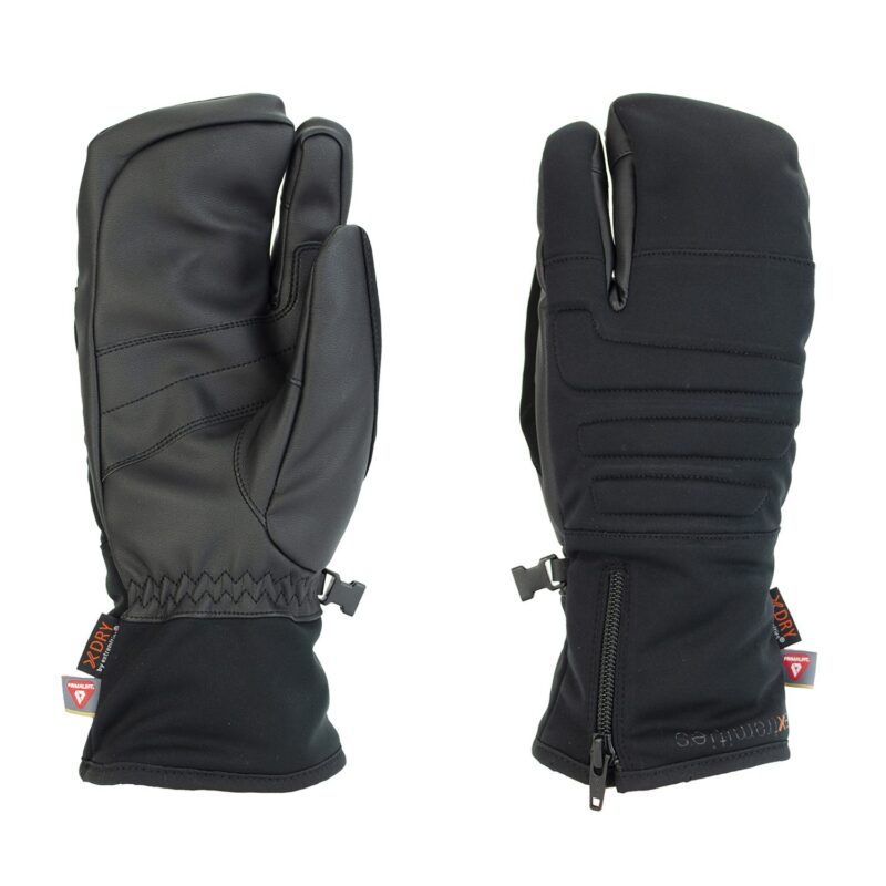 Pair of black insulated lobster-style winter mitts shown side-by-side, left displaying a leather-like palm with reinforced thumb, elasticated wrist and small clip, right showing a padded back with horizontal quilting, a zippered cuff and brand tags.
