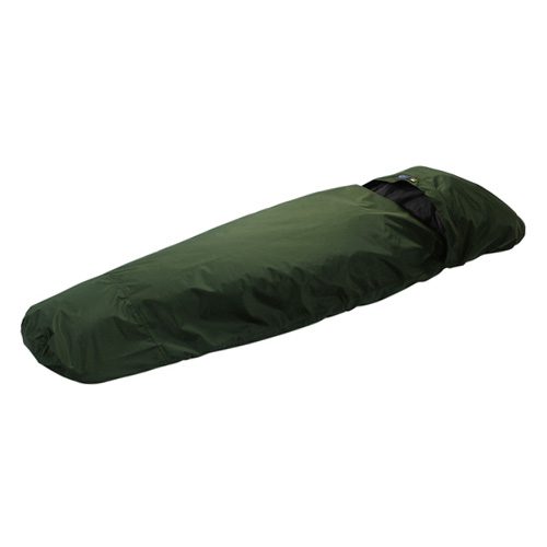 Olive-green, mummy-shaped waterproof bivy sack with a partially open hood revealing a dark interior