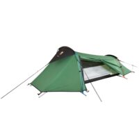 Green single-person tunnel-style backpacking tent with black trim and coloured support poles, flysheet partially rolled back to reveal white mesh inner tent and groundsheet, secured with guylines on a white background