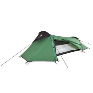 Green single-person tunnel-style backpacking tent with black trim and coloured support poles, flysheet partially rolled back to reveal white mesh inner tent and groundsheet, secured with guylines on a white background