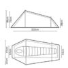 coshee-1-tent_5BDF6EE7_large-1.jpg Technical line drawing of a one-person tent showing side and top views with annotated dimensions: 222 cm overall length, peak height 85 cm (73 cm internal), low end 38 cm, external width 81 cm and internal sleeping width 57 cm, foot width 54 cm and porch depth 37 cm, with a mummy sleeping-bag outline inside.