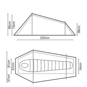 Technical line drawing of a one-person tent showing side and top views with annotated dimensions: 222 cm overall length, peak height 85 cm (73 cm internal), low end 38 cm, external width 81 cm and internal sleeping width 57 cm, foot width 54 cm and porch depth 37 cm, with a mummy sleeping-bag outline inside.