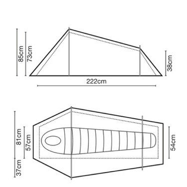 coshee-1-tent_5BDF6EE7_large-1.jpg Technical line drawing of a one-person tent showing side and top views with annotated dimensions: 222 cm overall length, peak height 85 cm (73 cm internal), low end 38 cm, external width 81 cm and internal sleeping width 57 cm, foot width 54 cm and porch depth 37 cm, with a mummy sleeping-bag outline inside.