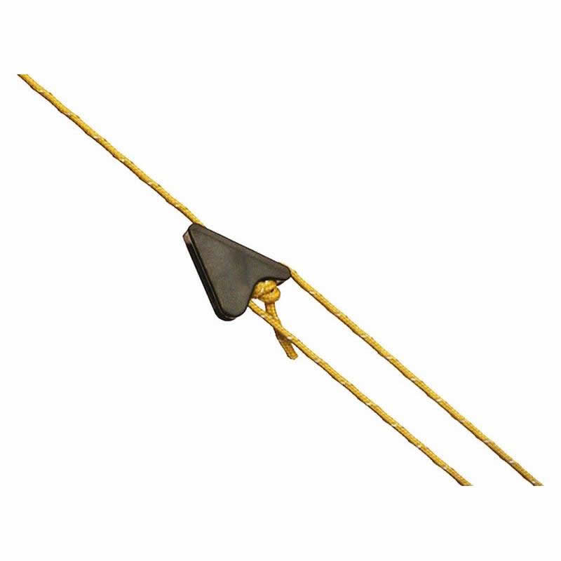 Black triangular cord tensioner threaded by a yellow guyline with a small knot below, shown on a plain white background.