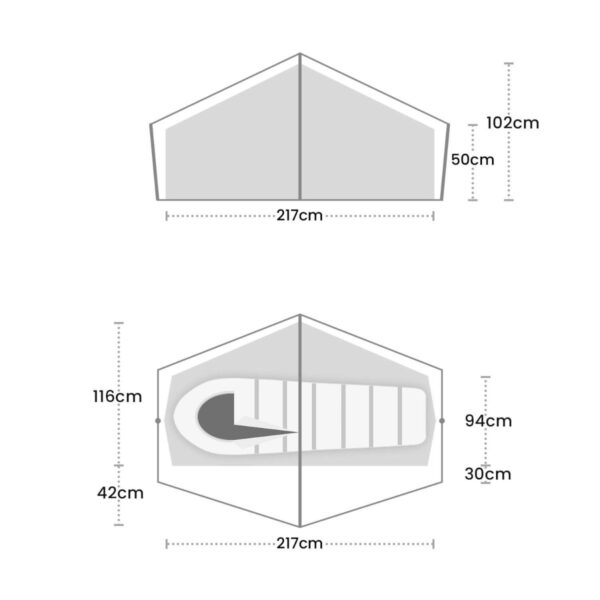 Schematic diagrams of a small tent showing front profile and top-down interior with a sleeping bag, labelled 217 cm floor length, peak heights of 102 cm (front) and 116 cm (interior), and side wall clearances of about 50 cm and 30–42 cm.