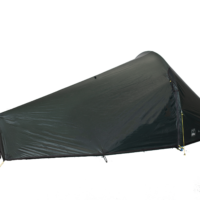 Low-profile single-person dark green/black backpacking tent with a tapered, aerodynamic tunnel shape and a peaked right-side entrance featuring a vertical zip and yellow guy lines, shown against a plain dark background.