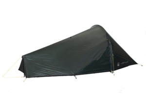 Low-profile single-person dark green/black backpacking tent with a tapered, aerodynamic tunnel shape and a peaked right-side entrance featuring a vertical zip and yellow guy lines, shown against a plain dark background.