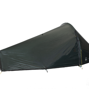 laser_pulse_1_co__1-scaled-4.webp Low-profile single-person dark green/black backpacking tent with a tapered, aerodynamic tunnel shape and a peaked right-side entrance featuring a vertical zip and yellow guy lines, shown against a plain dark background.