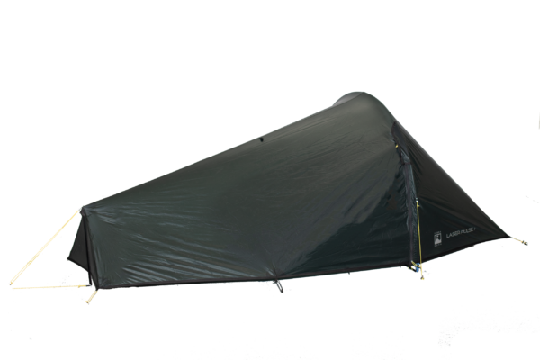 Low-profile single-person dark green/black backpacking tent with a tapered, aerodynamic tunnel shape and a peaked right-side entrance featuring a vertical zip and yellow guy lines, shown against a plain dark background.