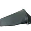 Low-profile dark green single-person bivvy-style tent pitched close to the ground with a tapered aerodynamic shape, zippered entrance at the right, yellow guy lines and a visible 'LASER PULSE' logo near the foot.