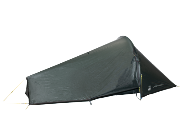 Low-profile dark green single-person bivvy-style tent pitched close to the ground with a tapered aerodynamic shape, zippered entrance at the right, yellow guy lines and a visible 'LASER PULSE' logo near the foot.