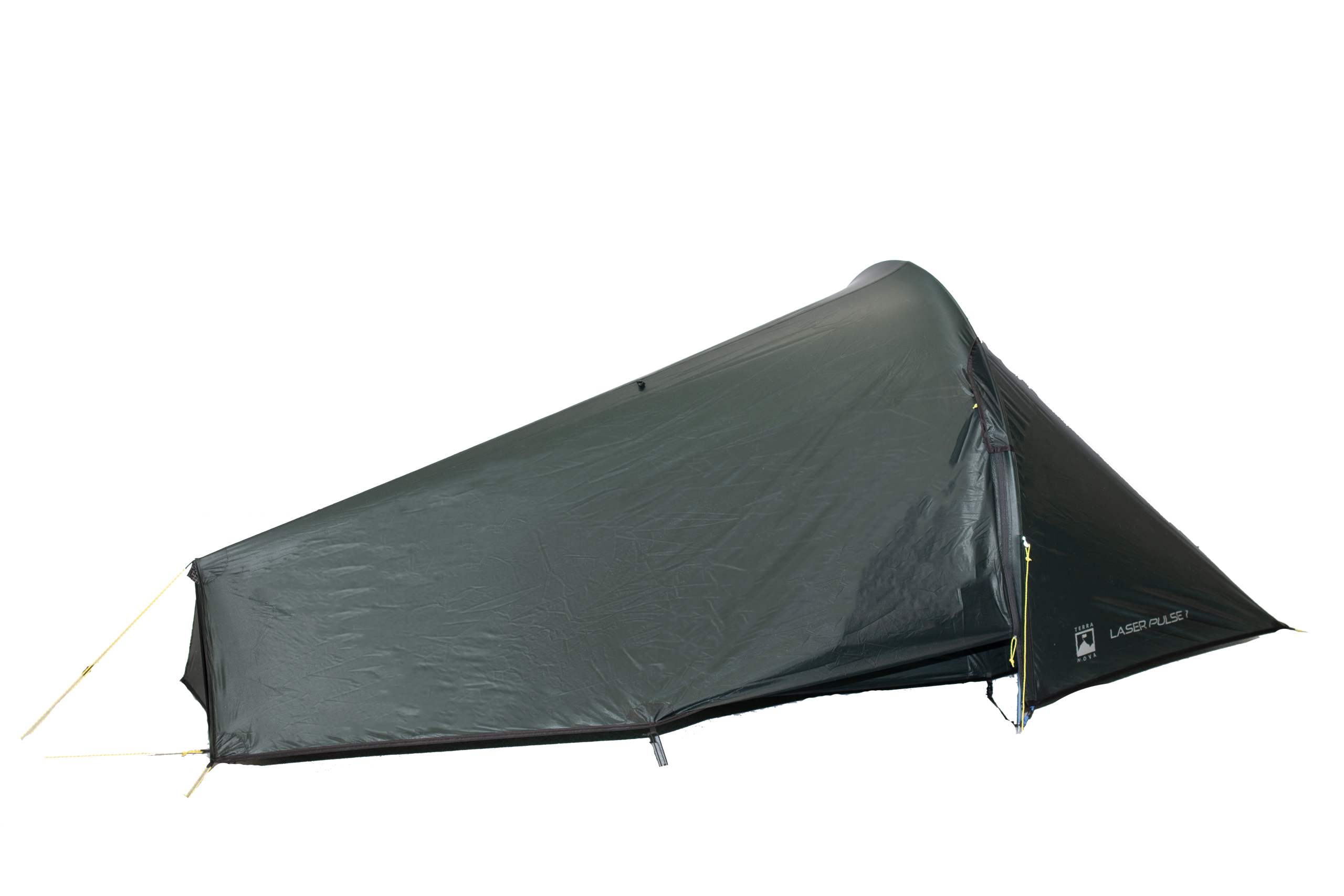 Low-profile dark green single-person bivvy-style tent pitched close to the ground with a tapered aerodynamic shape, zippered entrance at the right, yellow guy lines and a visible 'LASER PULSE' logo near the foot.
