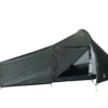 Low-profile dark green single-person tent with a tapered pyramid shape, a partially open front revealing the inner floor and a long low vestibule extending to the left.