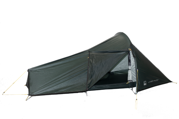 Low-profile dark green single-person tent with a tapered pyramid shape, a partially open front revealing the inner floor and a long low vestibule extending to the left.