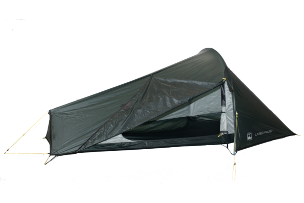 Low-profile single-person dark green tunnel tent with a front pole and a partially open triangular door revealing the grey interior and 'Laser Pulse 1' branding.