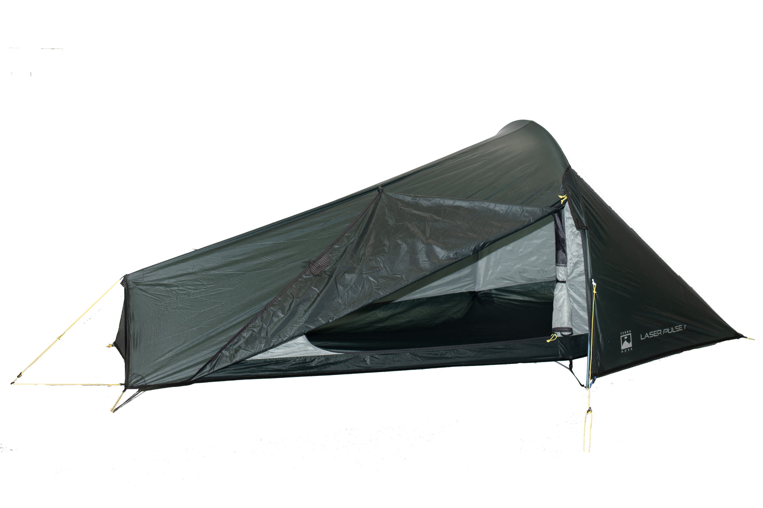 Low-profile single-person dark green tunnel tent with a front pole and a partially open triangular door revealing the grey interior and 'Laser Pulse 1' branding.