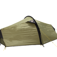 Olive-green two-person tunnel tent shown in side profile with a curved black entrance arch, yellow guyline and pegs, and the label 'NORTE COMPACT 2' near the base.