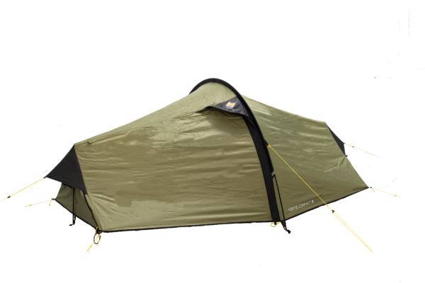 Olive-green two-person tunnel tent shown in side profile with a curved black entrance arch, yellow guyline and pegs, and the label 'NORTE COMPACT 2' near the base.