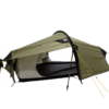 Olive-green tunnel tent with a curved front awning, open entrance showing a white inner lining and black groundsheet, supported by black poles and tensioned yellow guy lines.