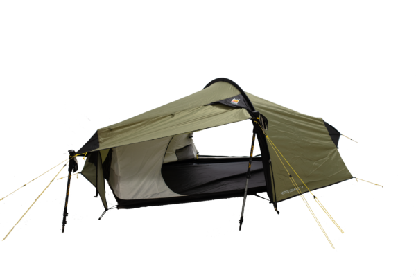 Olive-green tunnel tent with a curved front awning, open entrance showing a white inner lining and black groundsheet, supported by black poles and tensioned yellow guy lines.