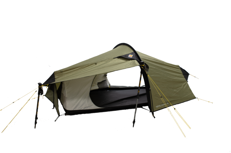 Olive-green tunnel tent with a curved front awning, open entrance showing a white inner lining and black groundsheet, supported by black poles and tensioned yellow guy lines.