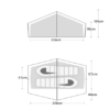 Schematic of a two-person tent with measurements: top cross-section shows a 228 cm base and 100 cm centre peak with 39 cm side walls; bottom floor plan shows two sleeping mats side-by-side within a 228 cm width, left interior depth 97 cm, right interior depth 127 cm and a 44 cm vestibule.