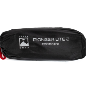Black cylindrical stuff sack with a red drawstring, labelled Terra Nova Pioneer Lite 2 Footprint, photographed on a white background.