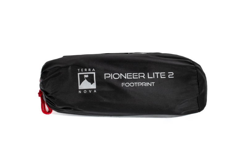 pioneer_lie_footprint__2-3.webp Black cylindrical stuff sack with a red drawstring, labelled Terra Nova Pioneer Lite 2 Footprint, photographed on a white background.