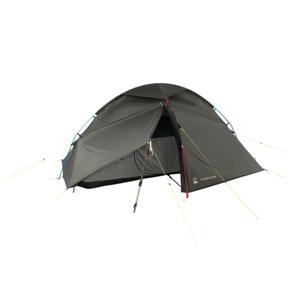 Olive-grey dome backpacking tent with a partially open front vestibule propped by a trekking pole, yellow guy lines and blue pole clips visible over a black bathtub-style groundsheet