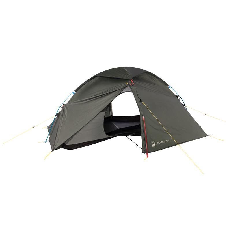 Olive-green two-person dome tent with a partially open front door revealing the black inner sleeping area, taut yellow guy lines and blue pole clips, shown against a plain white background.