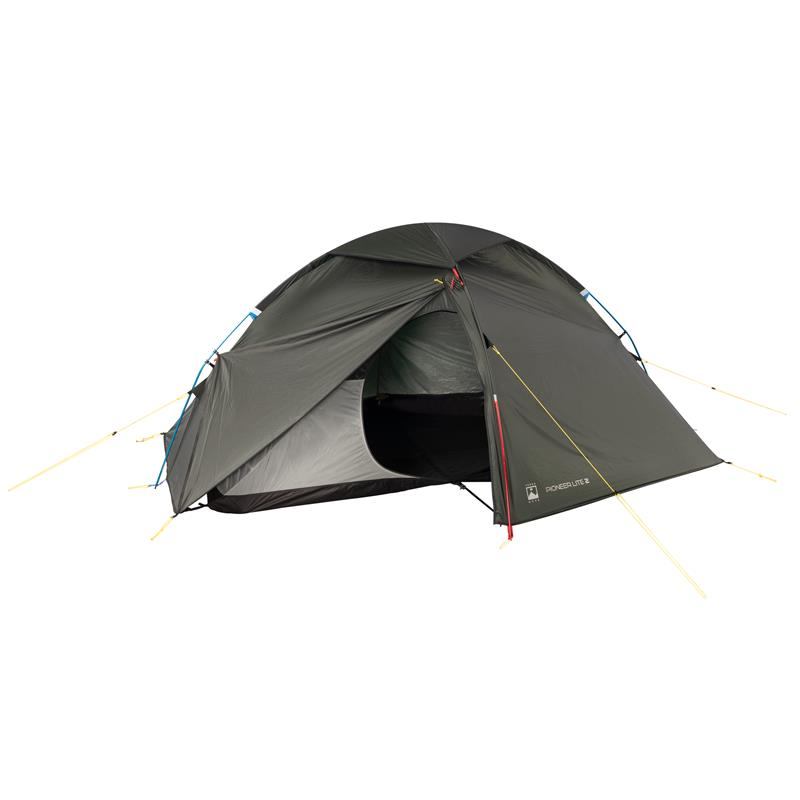 Dark grey two-person dome tent with a partially open front door revealing inner mesh and a black floor, held up by coloured poles and yellow guy lines, shown on a white background.