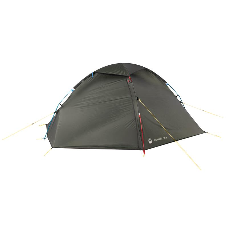 Olive-green two-person dome tent with red and blue external poles and yellow guy lines staked out, fully pitched on a white background and labelled "Pioneer Lite 2".