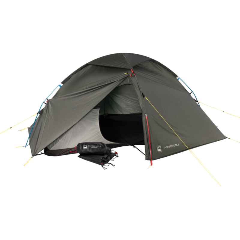 Dark olive-green two-person dome tent with rainfly partially open to reveal an inner mesh doorway, supported by blue poles and yellow guy lines and a small packed gear bag labelled Pioneer Lite 2 placed in front on a white background.