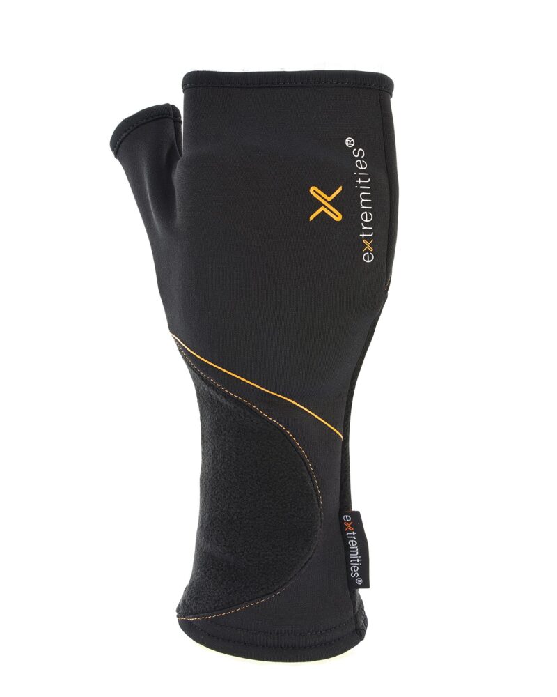 piperadventures2_1716145095_3371591891479006347_13453440676-copy-1.jpg Black neoprene wrist-length glove with a separate thumb opening, textured padded palm section, orange stitching and an orange 'extremities' logo on the back.