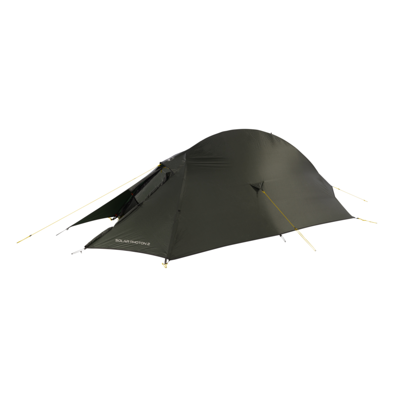 solar_photon_2_co__2-1.webp Dark green two-person dome tent with a taut rainfly and yellow guy lines, a partially open vestibule and the label SOLAR PHOTON 2 on the front, shown on a white background.