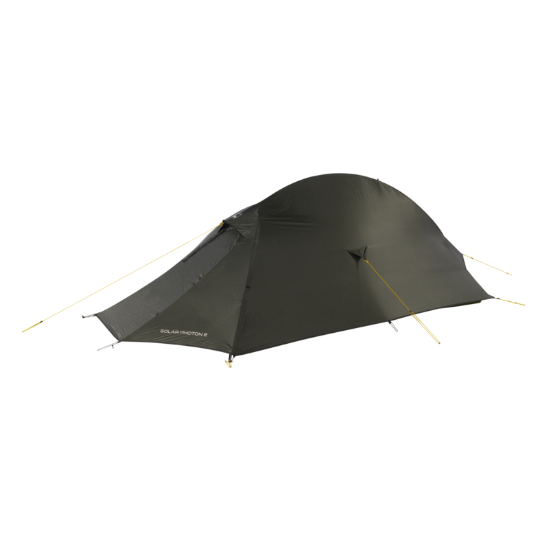 solar_photon_2_co__3-1.webp Low-profile dark olive-green two-person tent pitched with taut yellow guy lines and SOLAR PHOTON 2 branding on the fly against a plain white background.