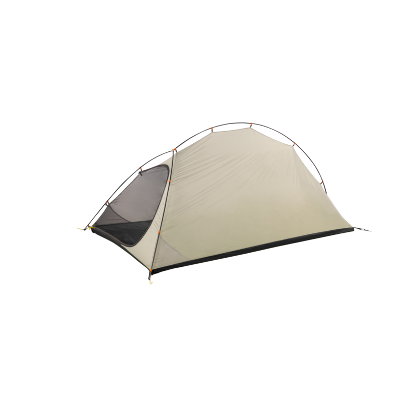 solar_photon_2_co__4_inner-1.webp Lightweight two-person dome tent with beige fly and black bathtub floor, arched black poles with orange clips and a zipped mesh side door, shown on a white background.