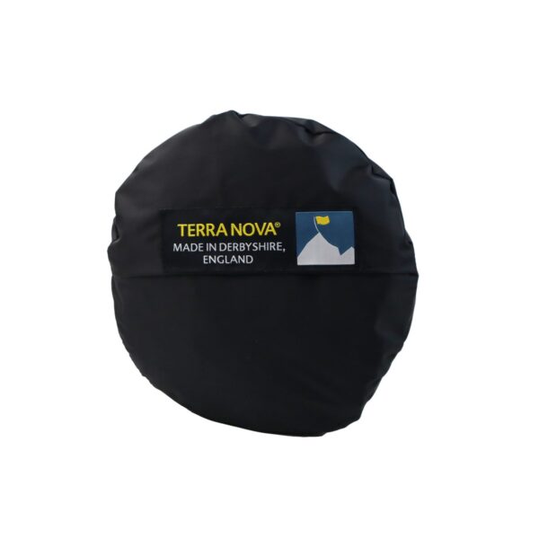 tent-bag-3.jpg Black round waterproof fabric cover against a white background, featuring a stitched rectangular label reading TERRA NOVA MADE IN DERBYSHIRE, ENGLAND and a small blue-and-yellow mountain logo