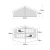 Simple grey schematic of a two-person tent showing front and top views with labelled dimensions: front elevation 225 cm wide with peak 85 cm and side wall 54 cm; top-down view showing two sleeping mats inside and interior measurements marked 225 cm width, 100 cm and 120 cm side clearances and 30 cm lower clearance.