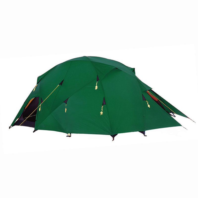 Large green dome-style camping tent with multiple external canopy panels, yellow toggle fastenings and two zipped entrances revealing red inner lining, shown on a white background.
