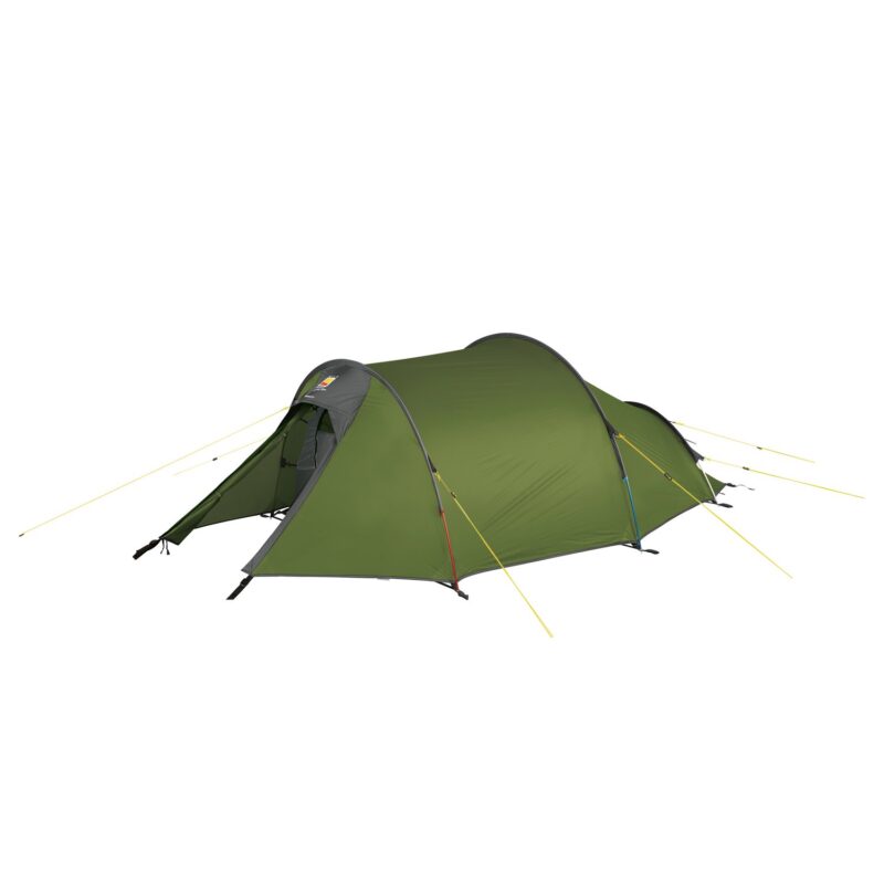 zoom_Blizzard_2_Tent_1-4.jpg Low-profile green tunnel camping tent with a grey entrance vestibule, colour-coded poles (red and blue) and yellow guy lines staked out, shown on a white background.