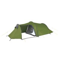Low-profile green tunnel tent with arched poles and yellow guylines, open front vestibule revealing a grey inner sleeping area.